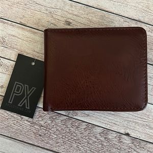 PX Clothing Evan Vegan Leather Bi-Fold Wallet Brown New NWT